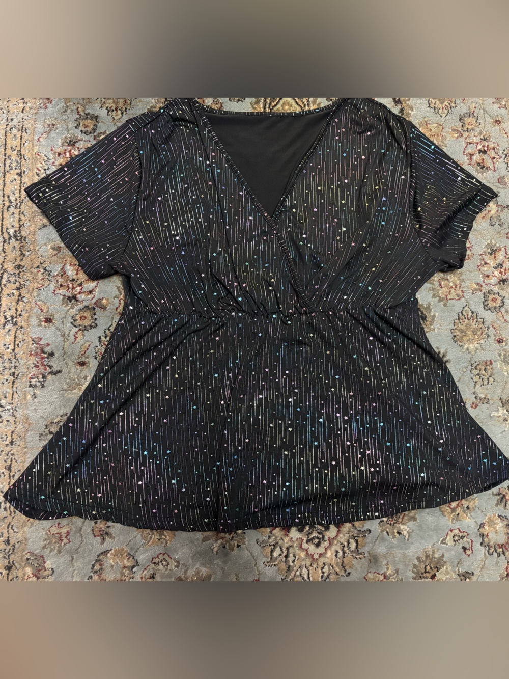 Black Rainbow Metallic Star Short Sleeve Cinched Blouse